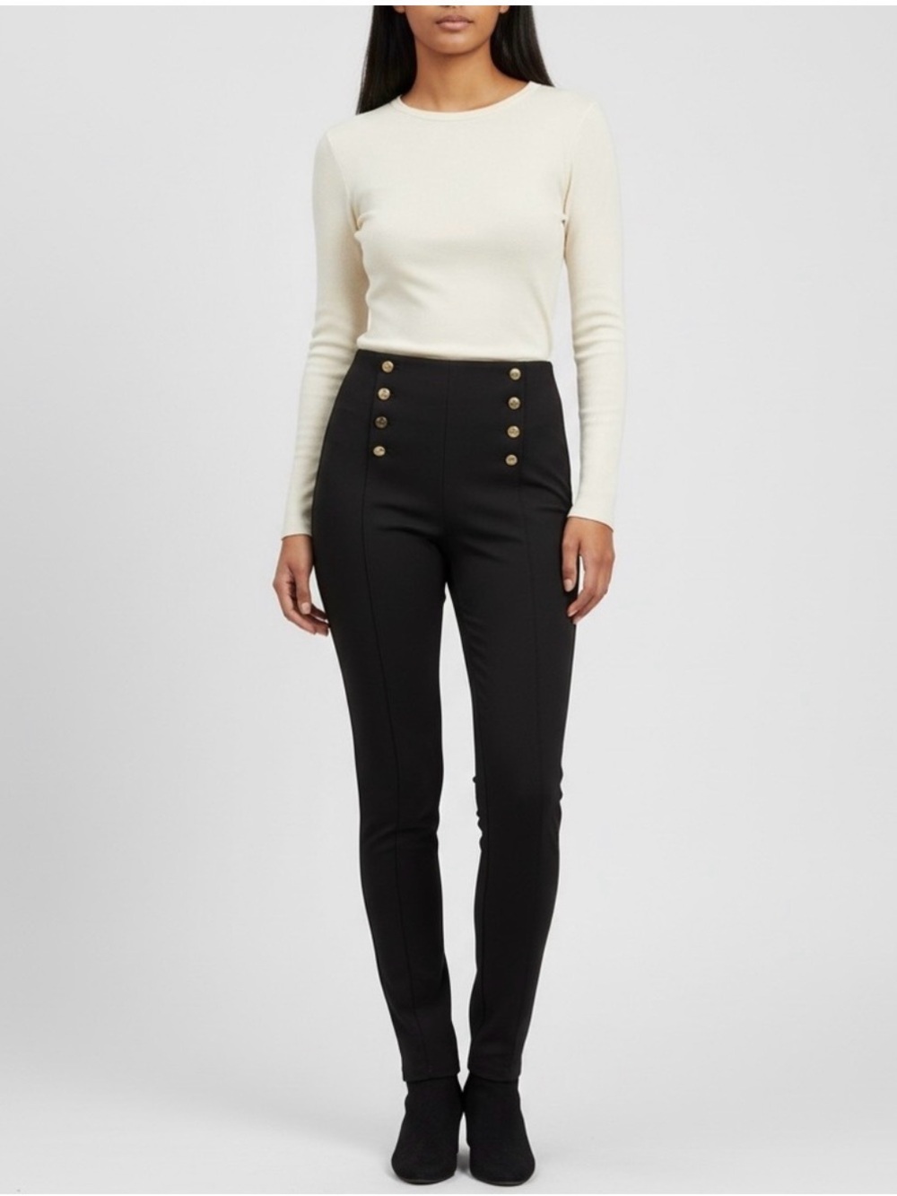 High-Waist Button-Front Black Ponte Pants